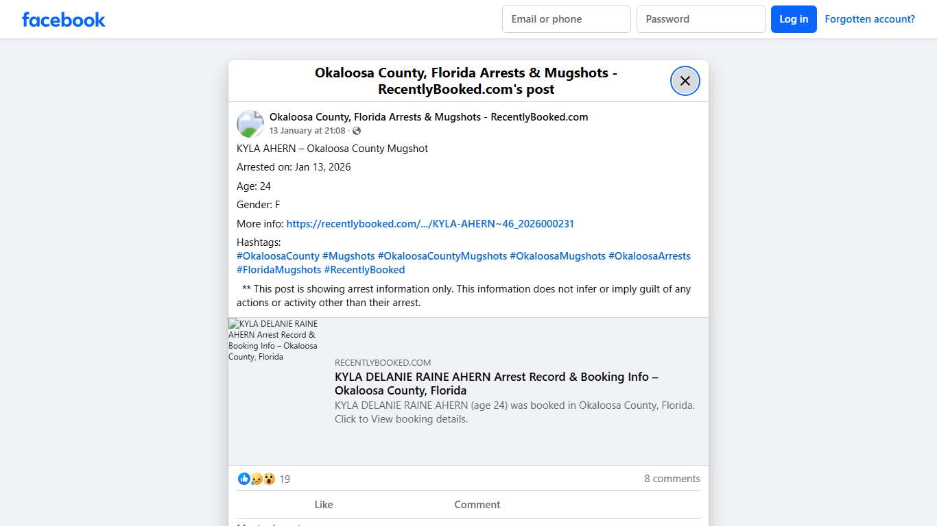 KYLA AHERN – Okaloosa County Mugshot Arrested on: Jan 13, 2026 Age: 24 Gender: F More info: https://recentlybooked.com/FL/Okaloosa/KYLA-AHERN~46_2026000231 Hashtags: #OkaloosaCounty #Mugshots #OkaloosaCountyMugshots #OkaloosaMugshots #OkaloosaArrests #FloridaMugshots #RecentlyBooked ** This post is showing arrest information only. This information does not infer or imply guilt of any actions or activity other than... - Okaloosa County, Florida Arrests & Mugshots - RecentlyBooked.com Facebook